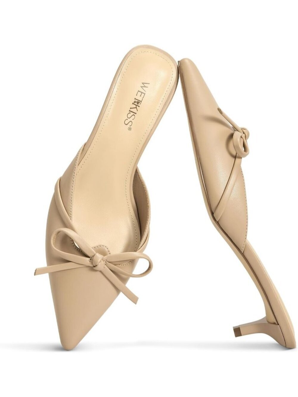 Women's Kitten Heel Mules Bow Slip On Vintage Pumps Nude Pointed Closed Toe